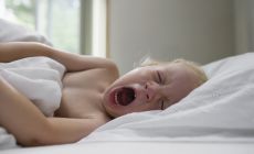small child lying in bed, yawning